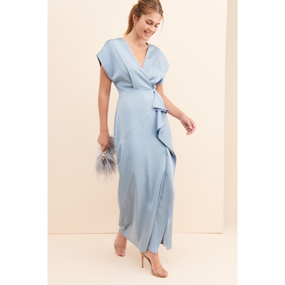 Harlyn Dusty Blue Ruffle Maxi Dress XS Wedding Guest Bridesmaid Coquette